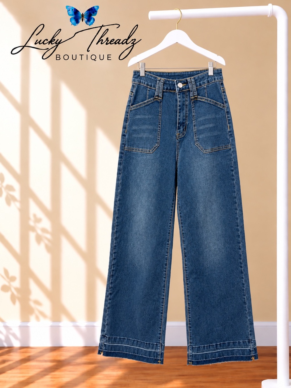 High Rise Wide Leg Patch Pocket Jeans Raw Hem Dark Wash Y2K 70s Small